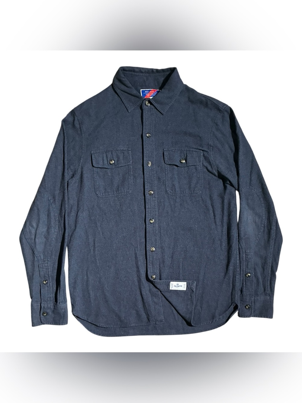 Best Made Co Brushed Cotton Flannel Shacket Button Shirt Elbow Patches Blue